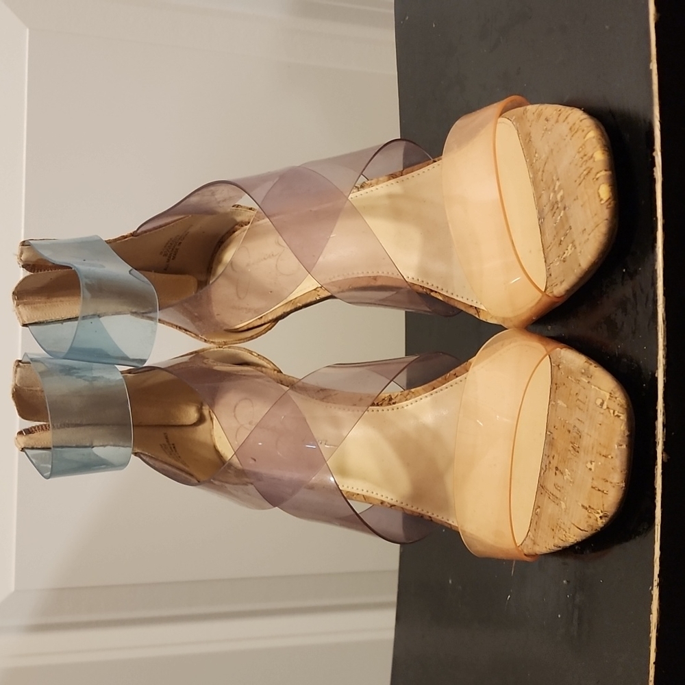 Jessica Simpson Multi Colored Clear Strap Cork Heels